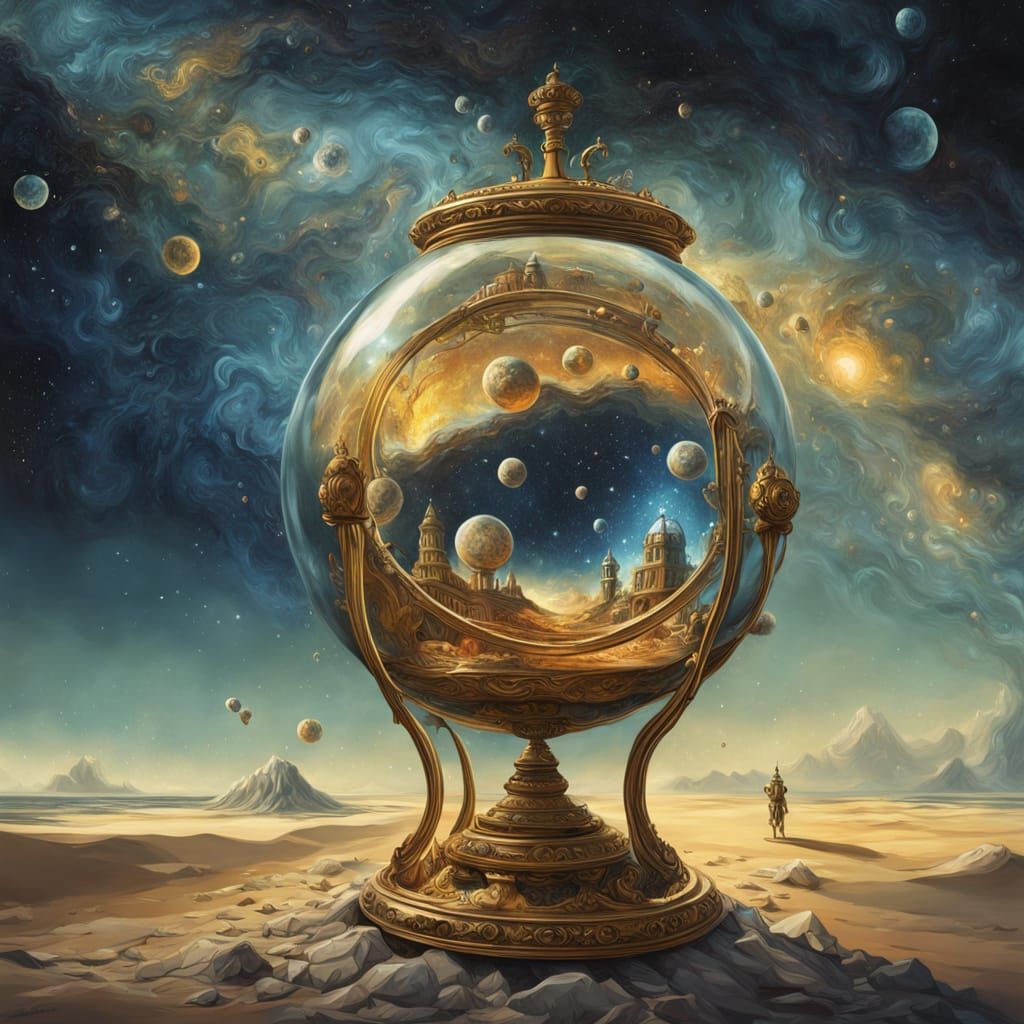 Cosmic Hourglass on Alien Beach, Surreal Oil Painting