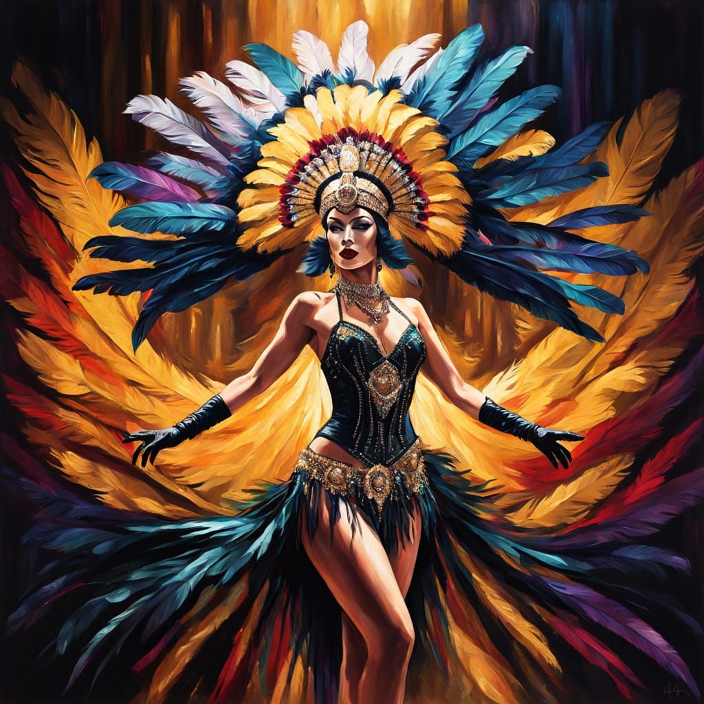 Cabaret Dancer in Feathered Headdress: Oil Painting