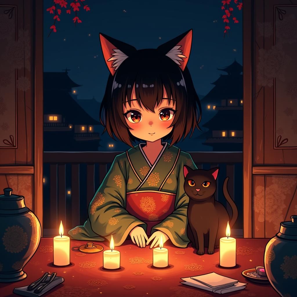 Anime Catgirl in Candlelight, Manga Scan Aesthetic