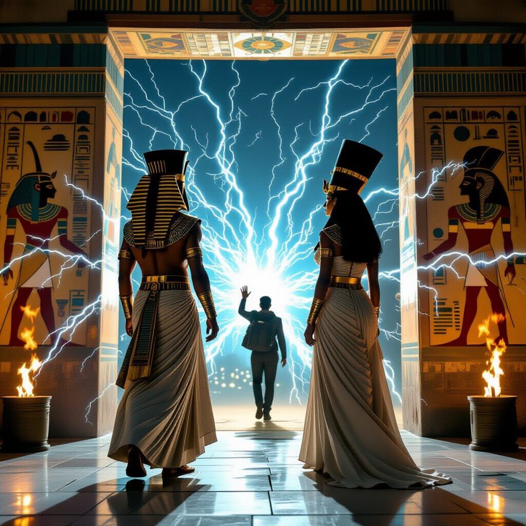 Pharaoh Bids Farewell to Time Traveler in Surreal Scene