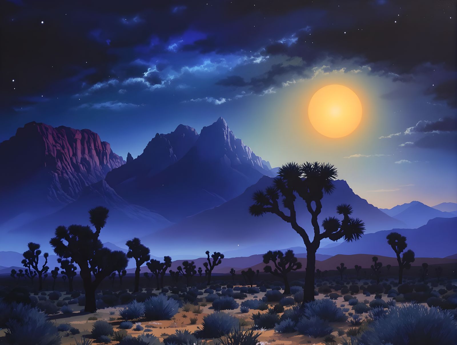 Moonlit Joshua Trees in Desert Landscape