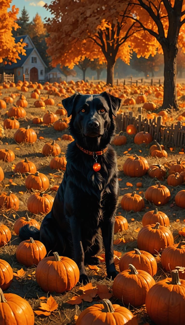 Dog with Gemstones in Pumpkin Field, Digital Matte Painting