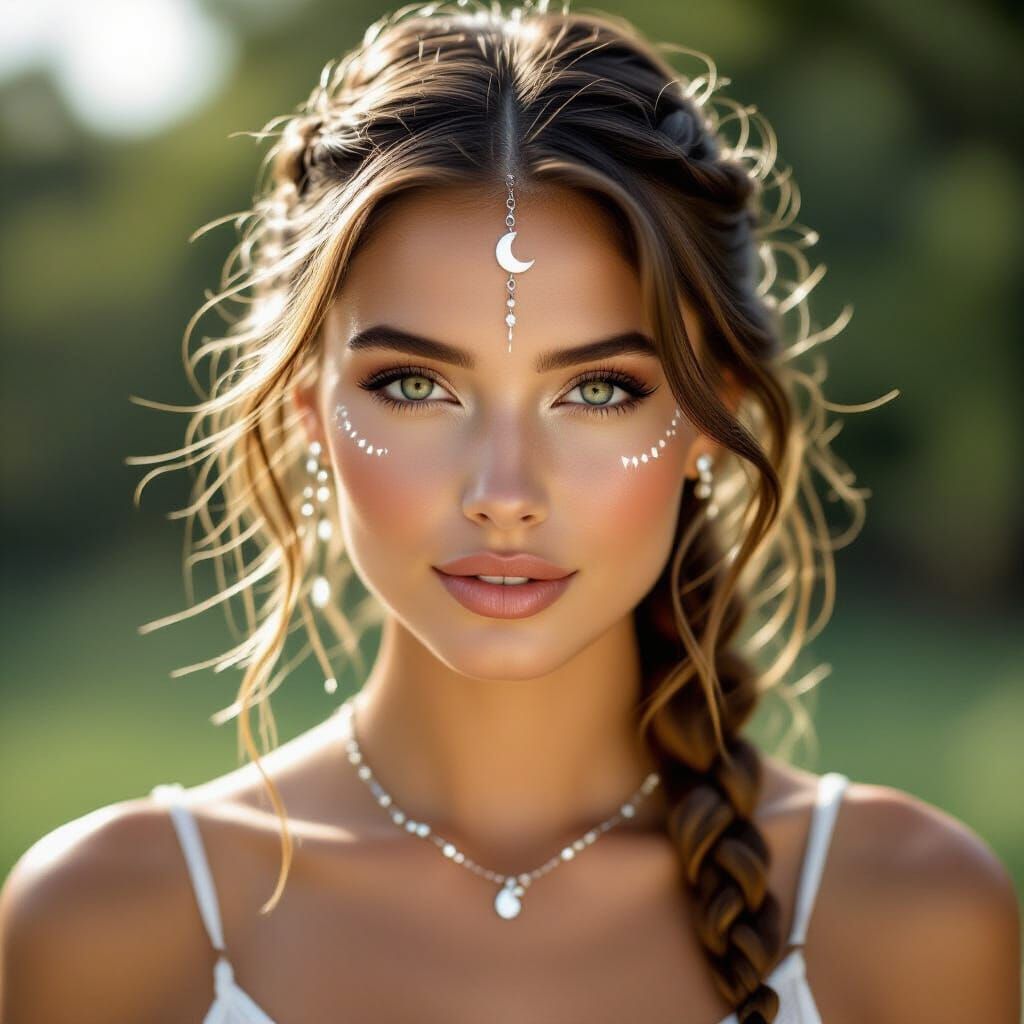 Moonlit Portrait: Woman with Golden Braid and Glowing Tattoo...