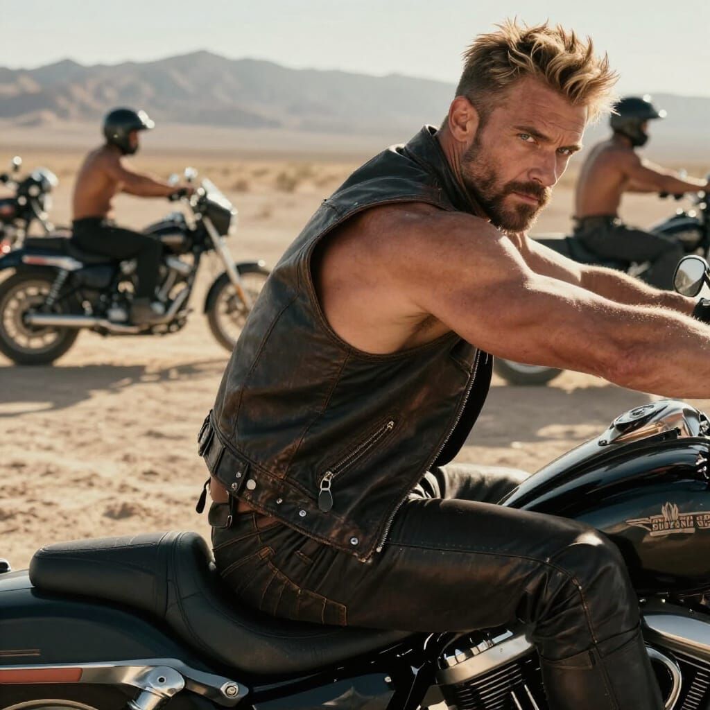 Muscular Biker Poses on Harley in Death Valley