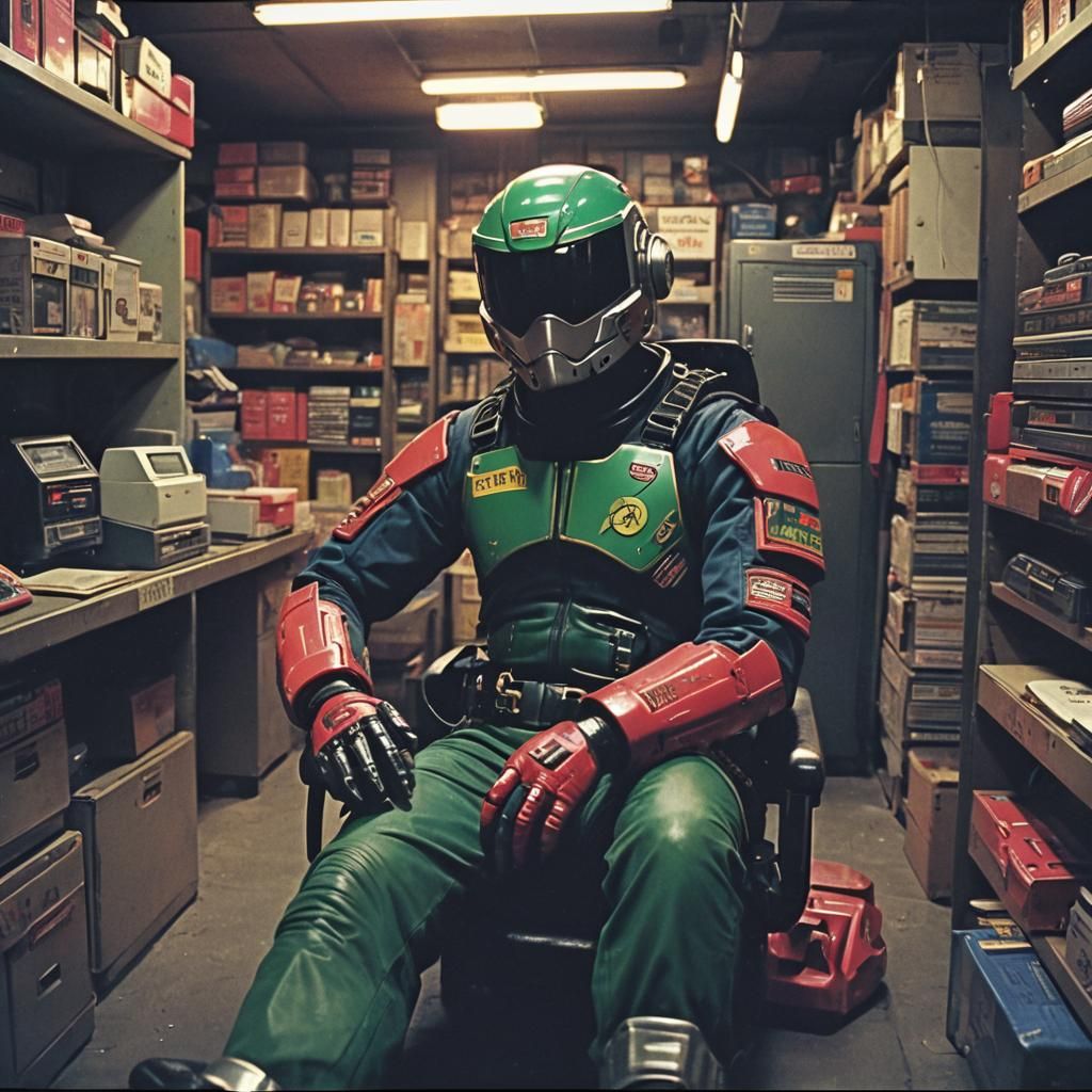 Cyberpunk Ranger Relaxing in 80s Machine Shop