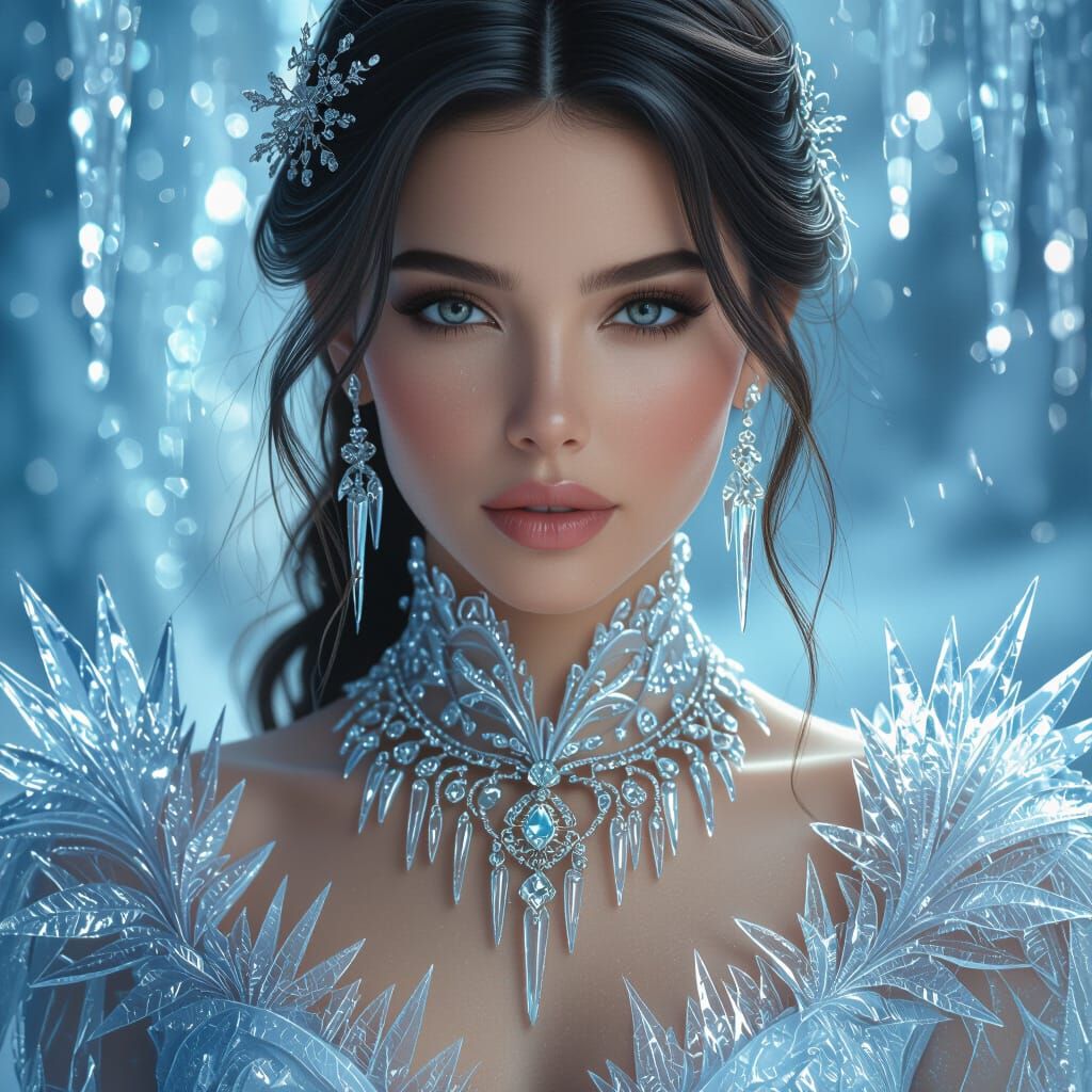Hyperrealistic Woman in Ice Dress with Icicle Jewelry