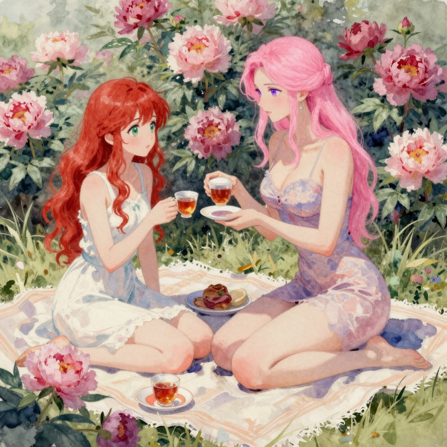 Peony Garden Tea Party in Watercolor and Gouache Style