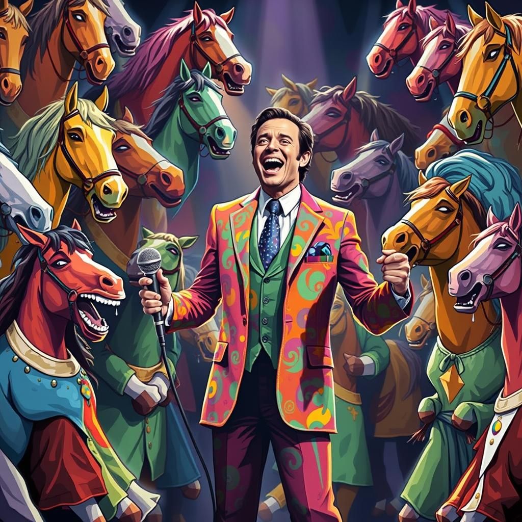 Cartoon Comedian Entertains Laughing Horse Audience