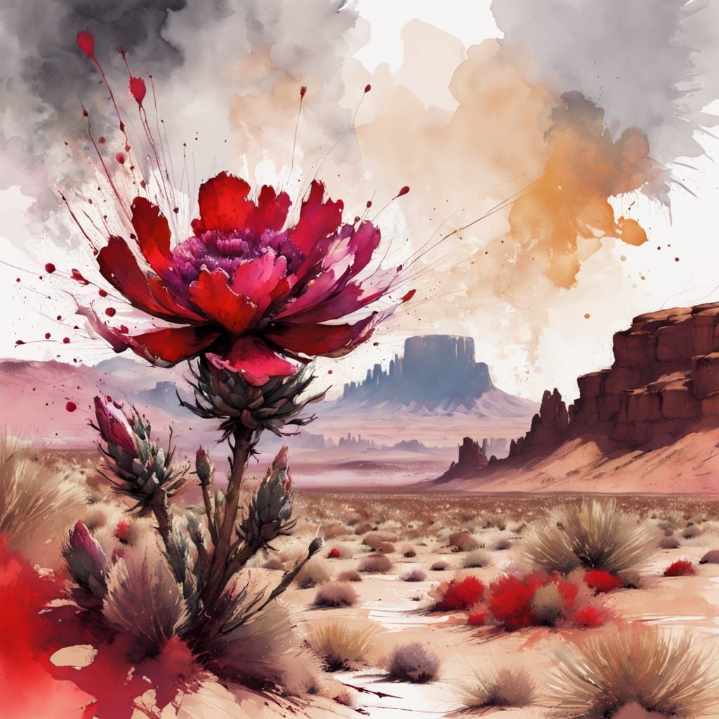 Desert Flower Blooms in Red Mesa Landscape: Ink Art
