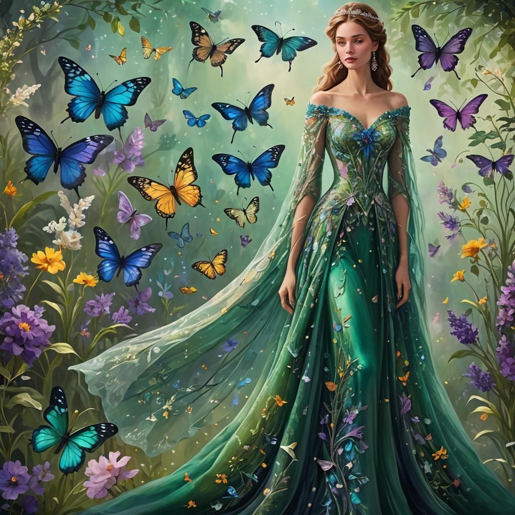 Ethereal Woman in Butterfly Gown, Art Nouveau Style