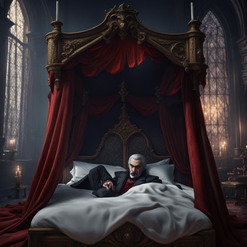Count Dracula Sick in Bed: Detailed Matte Painting
