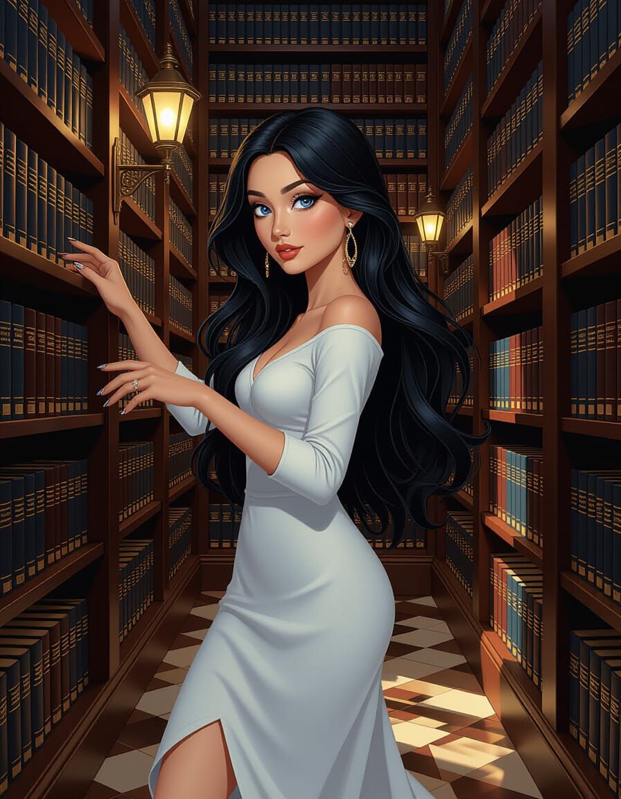 Eurasian Woman With Cobalt Eyes Reads in a Library