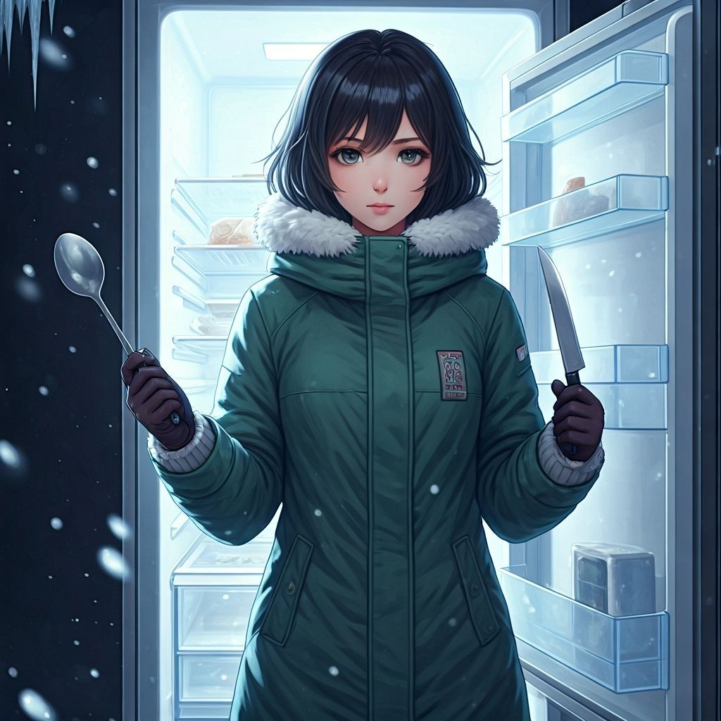Anime Woman's Icy Battle in a Refrigerator World