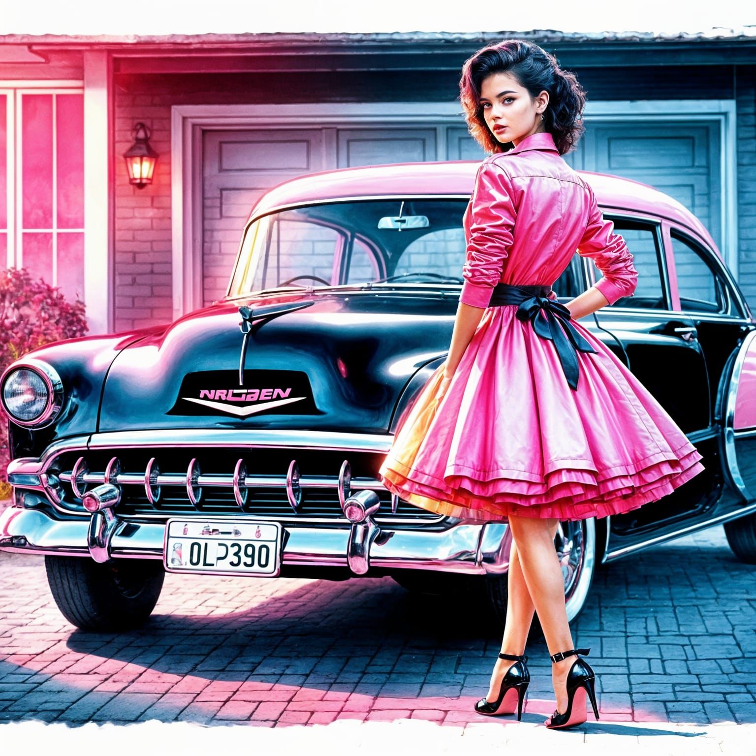 1950s Pink Lady in Watercolor Style