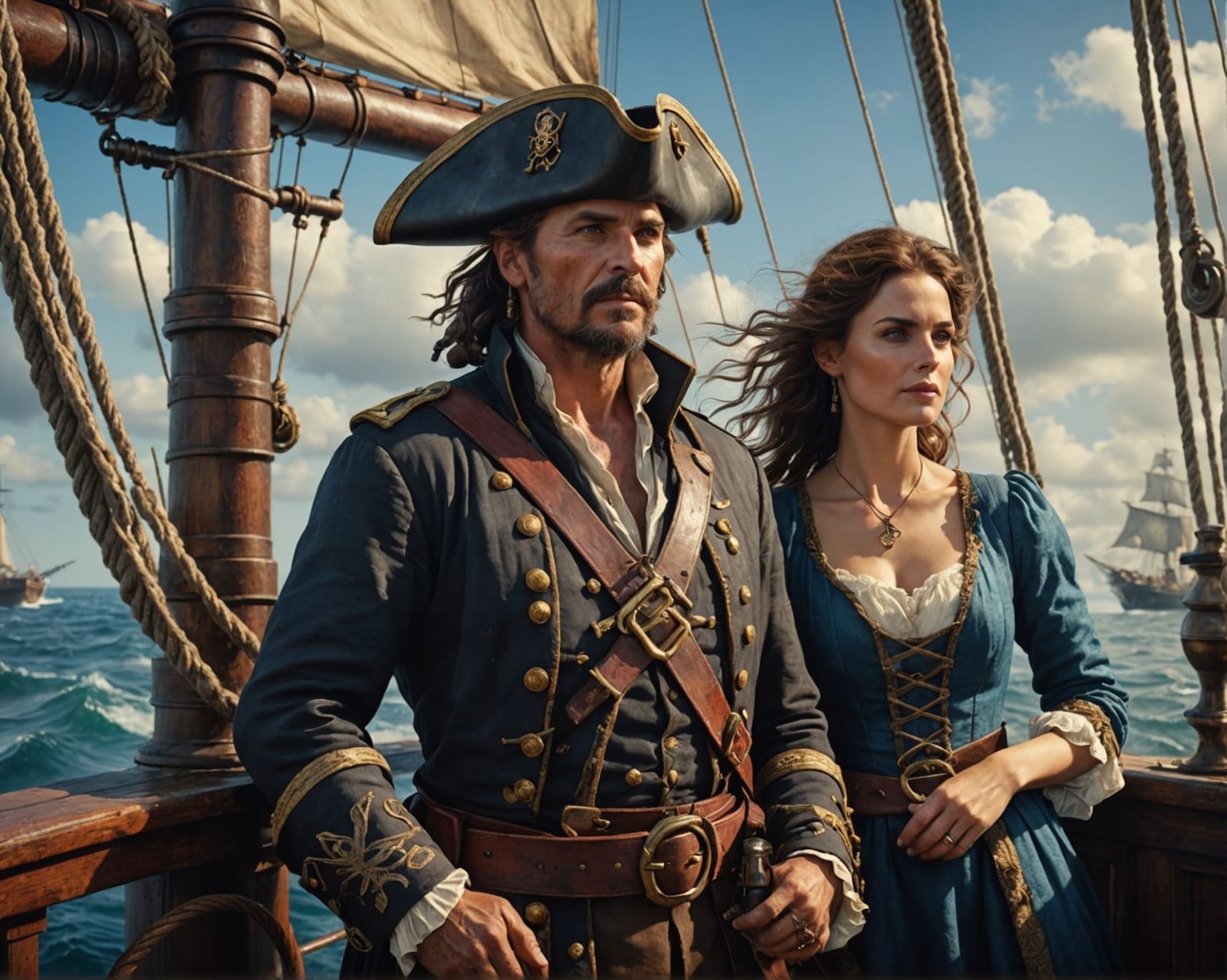 Pirate Captain and Companion on Sailship, Oil Painting