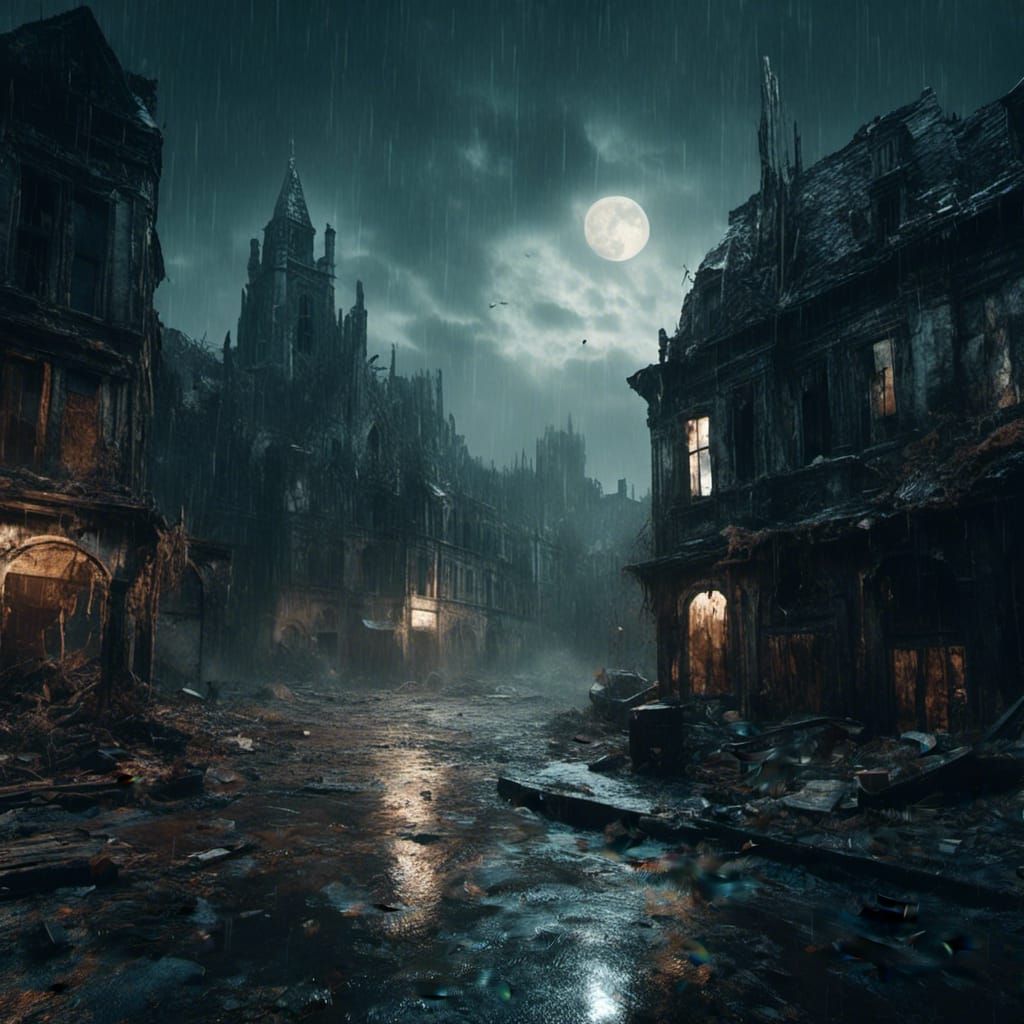 Macabre Gotham City in Rain and Thunder
