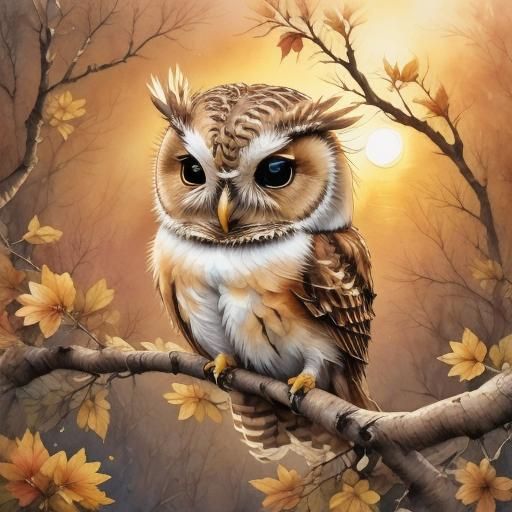 Chibi Owl on Branch in Ink Outline Style