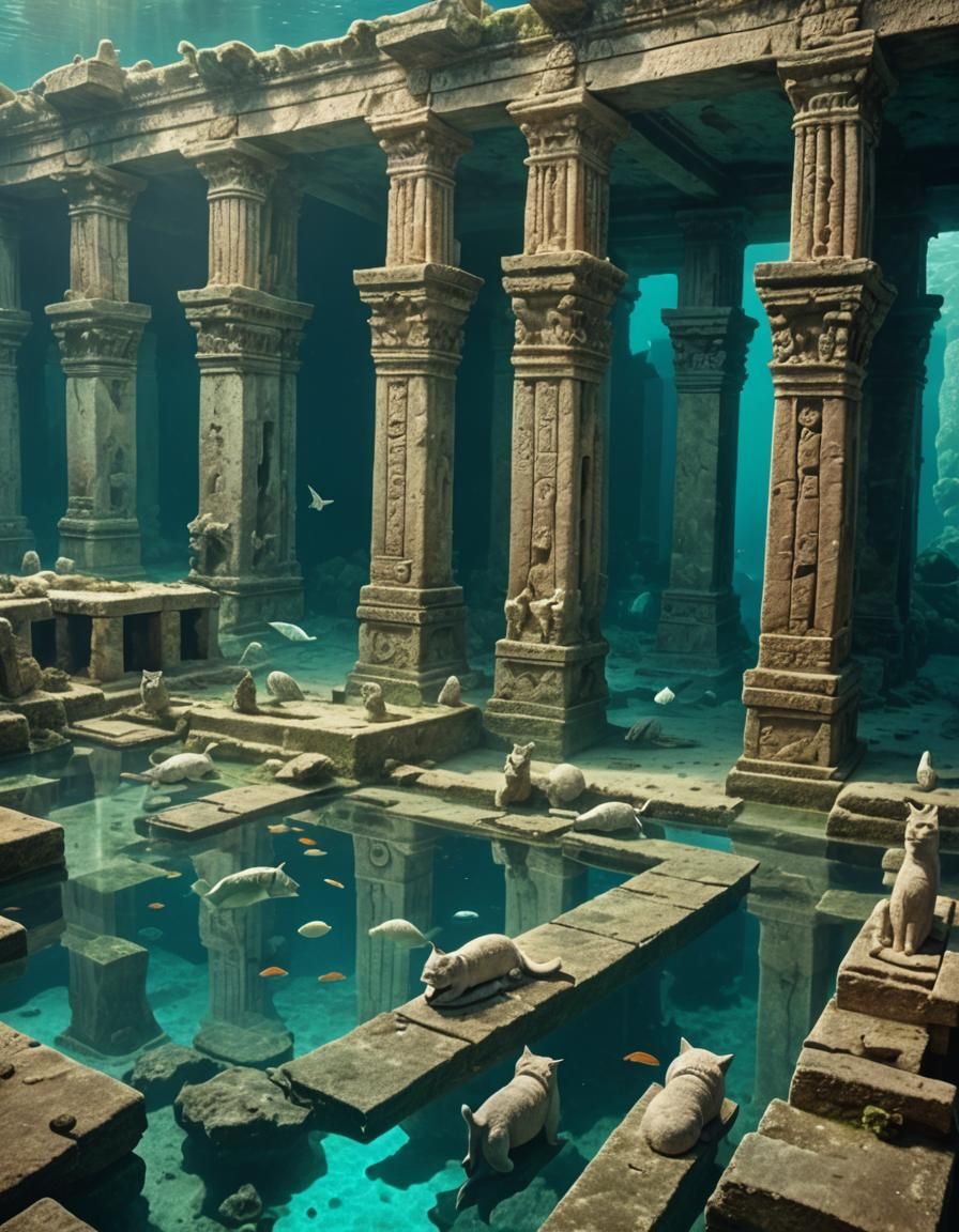 Sunlit Underwater City with Cat Statues