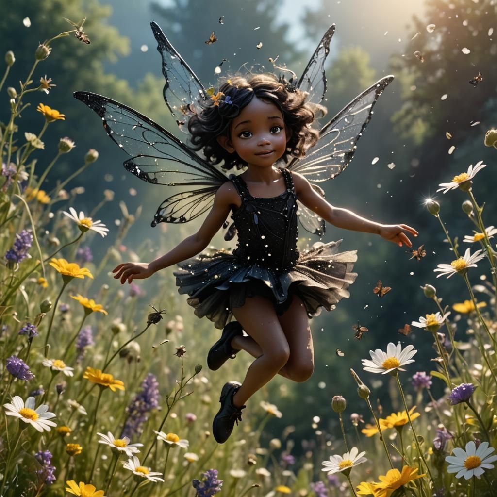 camera side shot, of a a beautiful tiny, black fairy flying,...