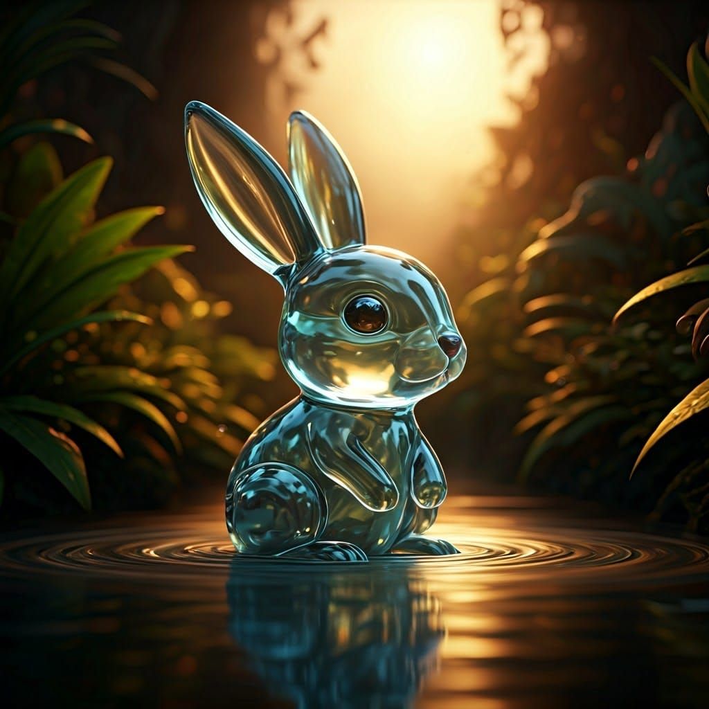 Whimsical Glass Bunny in Fantasy Landscape