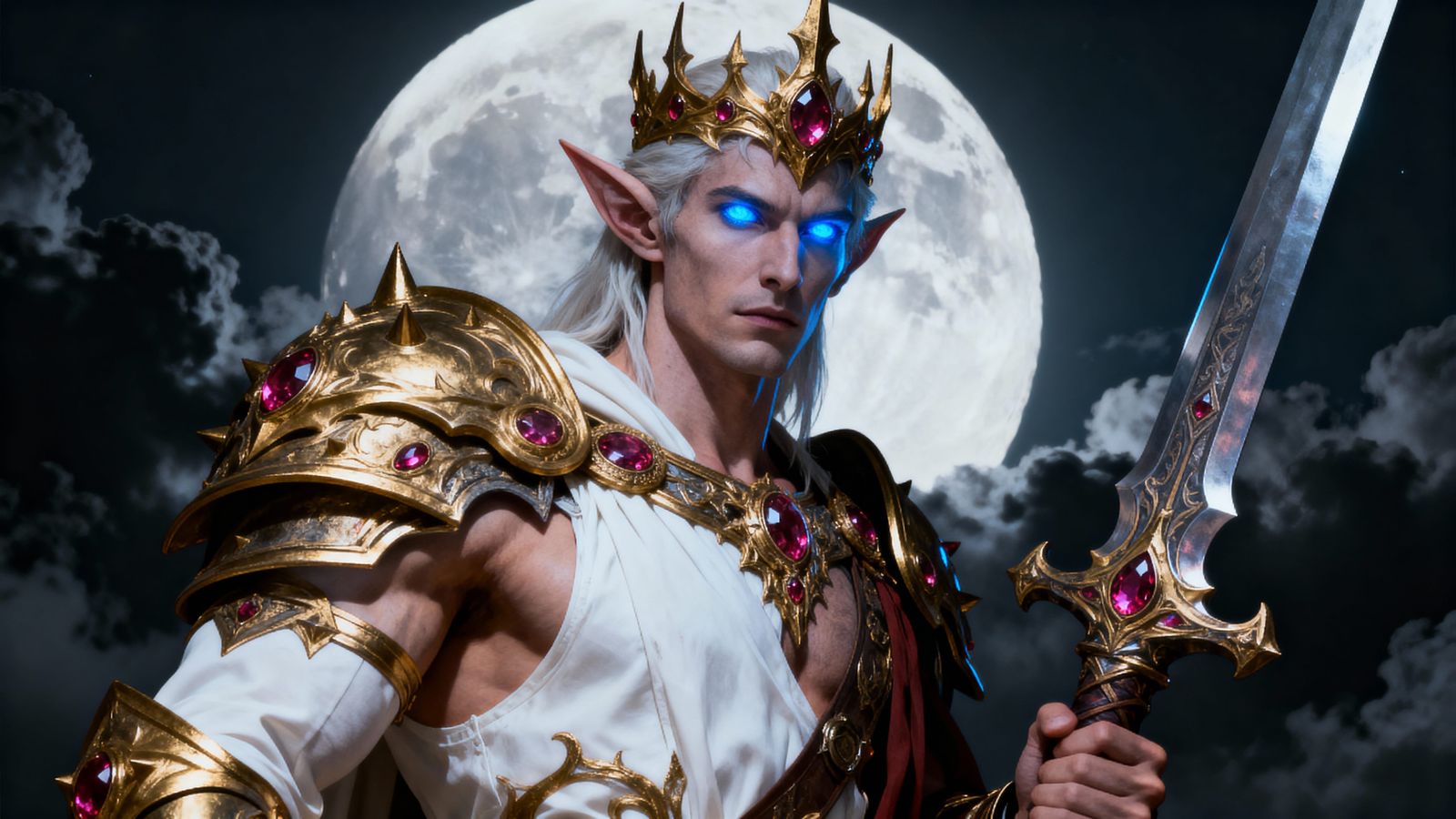 Muscular Elfin King in Ruby Armor with Glowing Blue Eyes