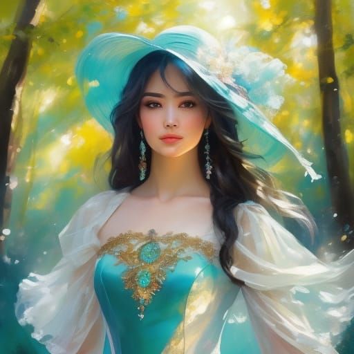 Serene Portrait of a Turquoise Dressed Woman in a Lively Lan...