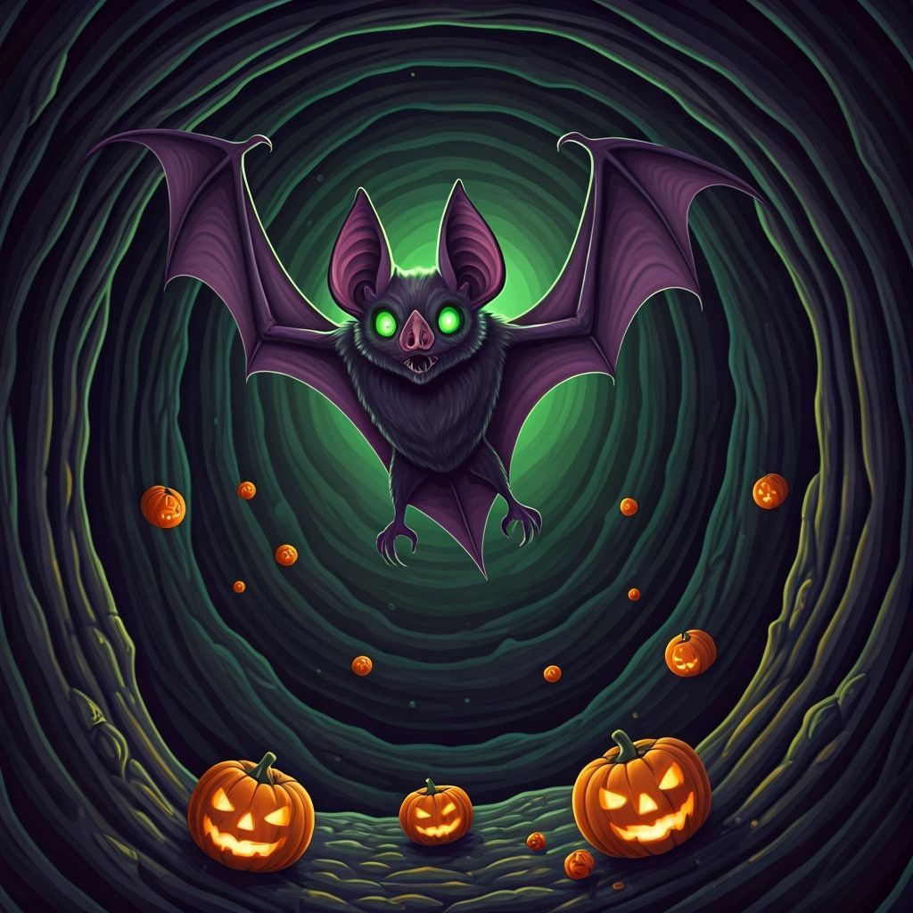 Daring Purple Bat Creeps Through Spooky Cavern Illustration