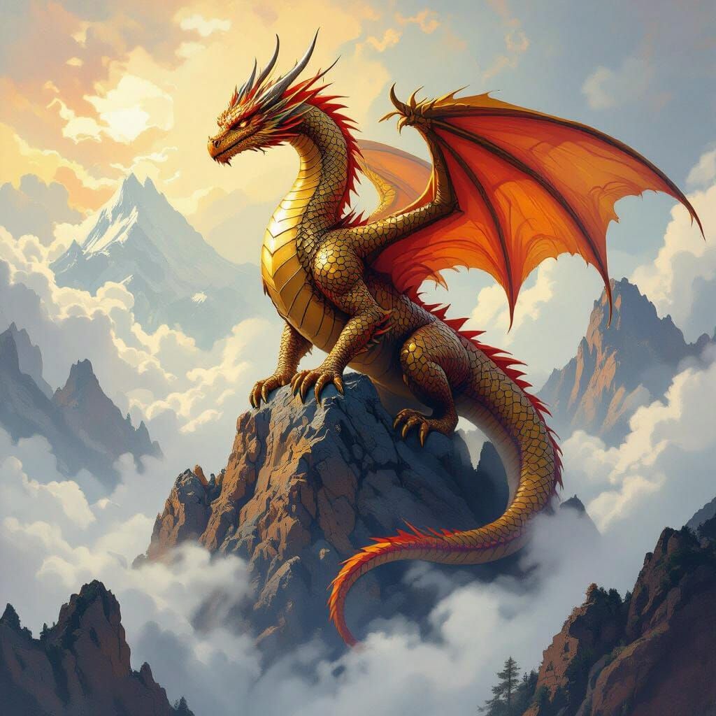 Majestic Dragon on Mystical Mountain, in Fantasy Art Style
