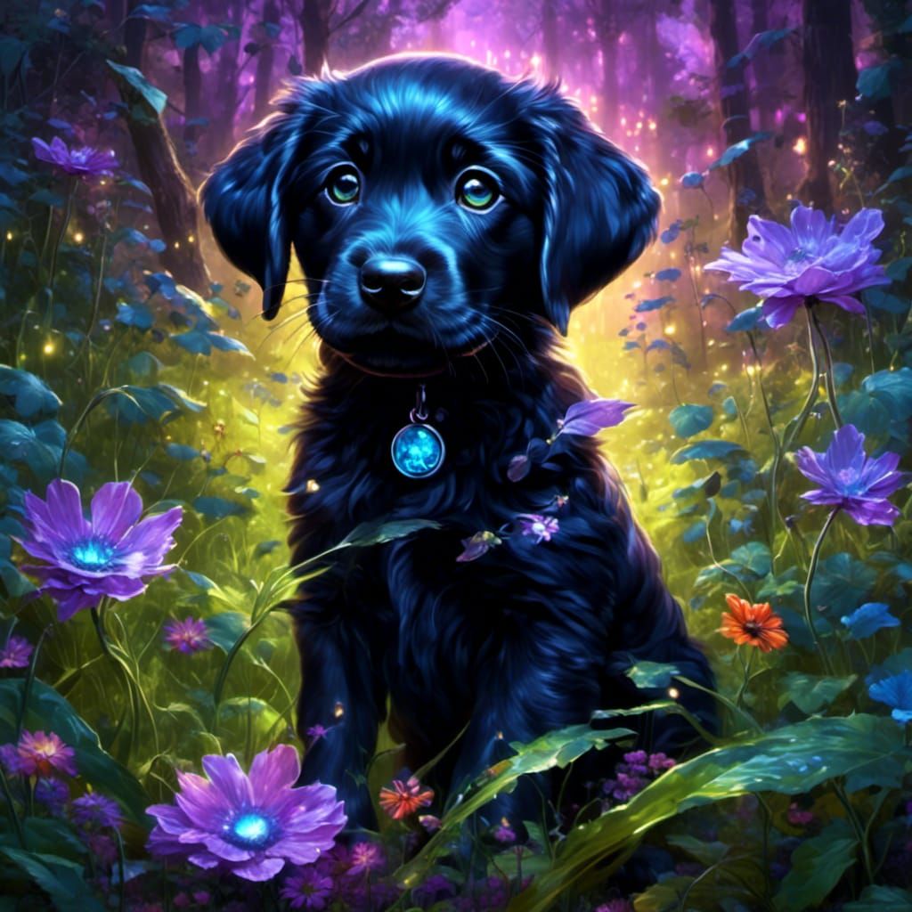 Adorable Black Lab Puppy in Magical Forest