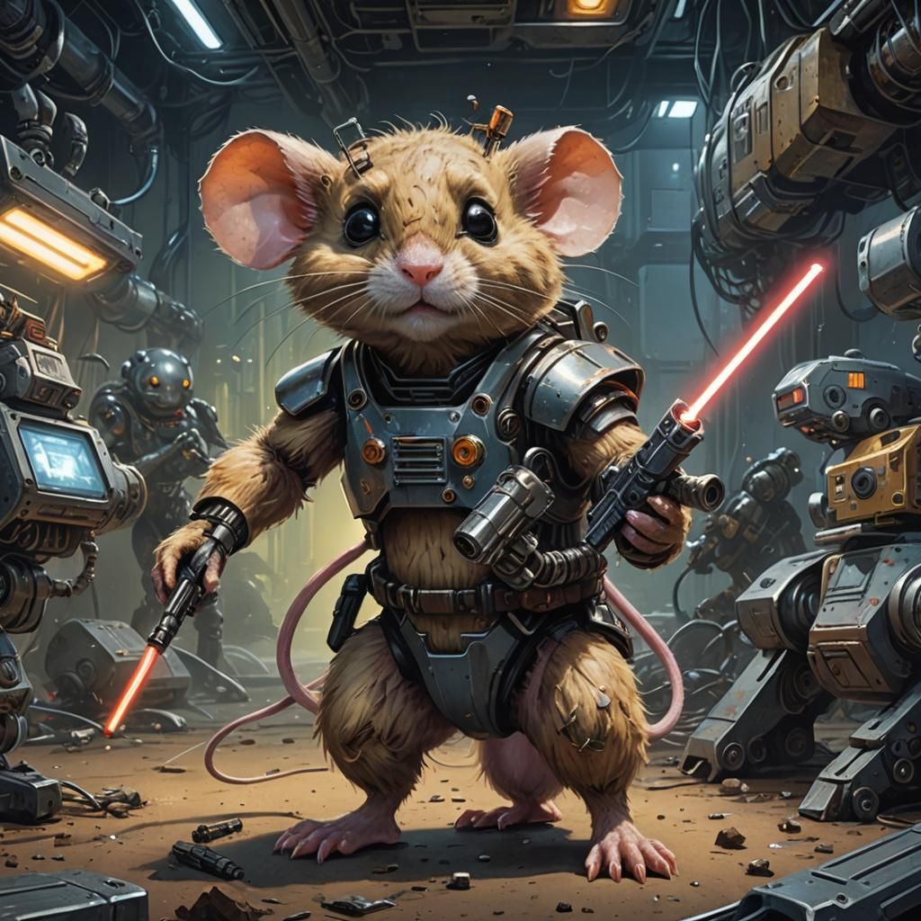 Cyberpunk Teddy Mouse Confronts Robot in Space Battle