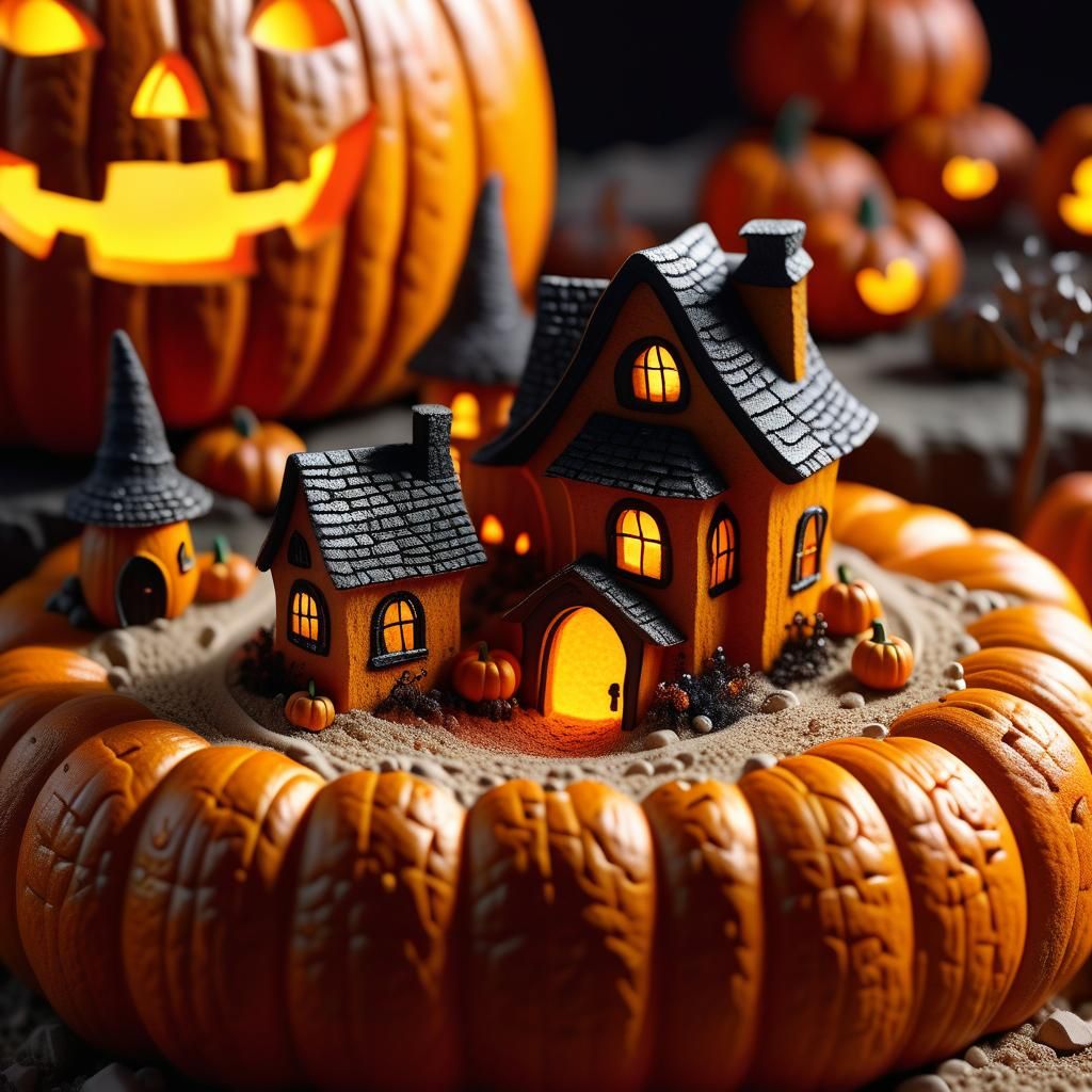 Halloween Village Inside Pumpkin, Folk Art Macro View