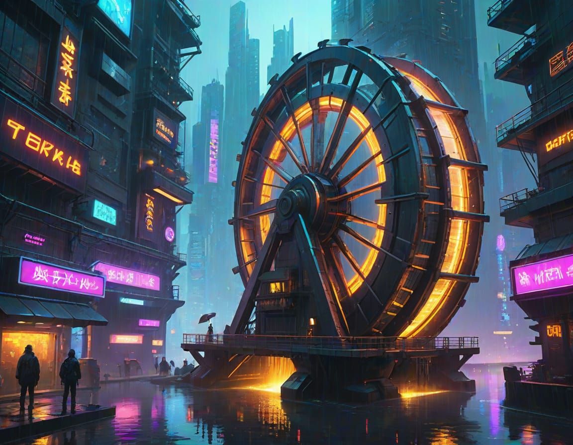 Cyberpunk Waterwheel in Dystopian Metropolis