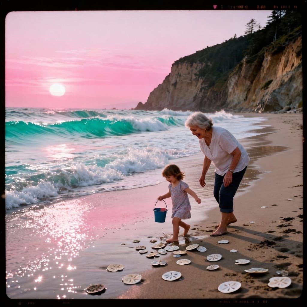 Sunrise Beach Scene: Grandmother and Child Finding Sand Doll...
