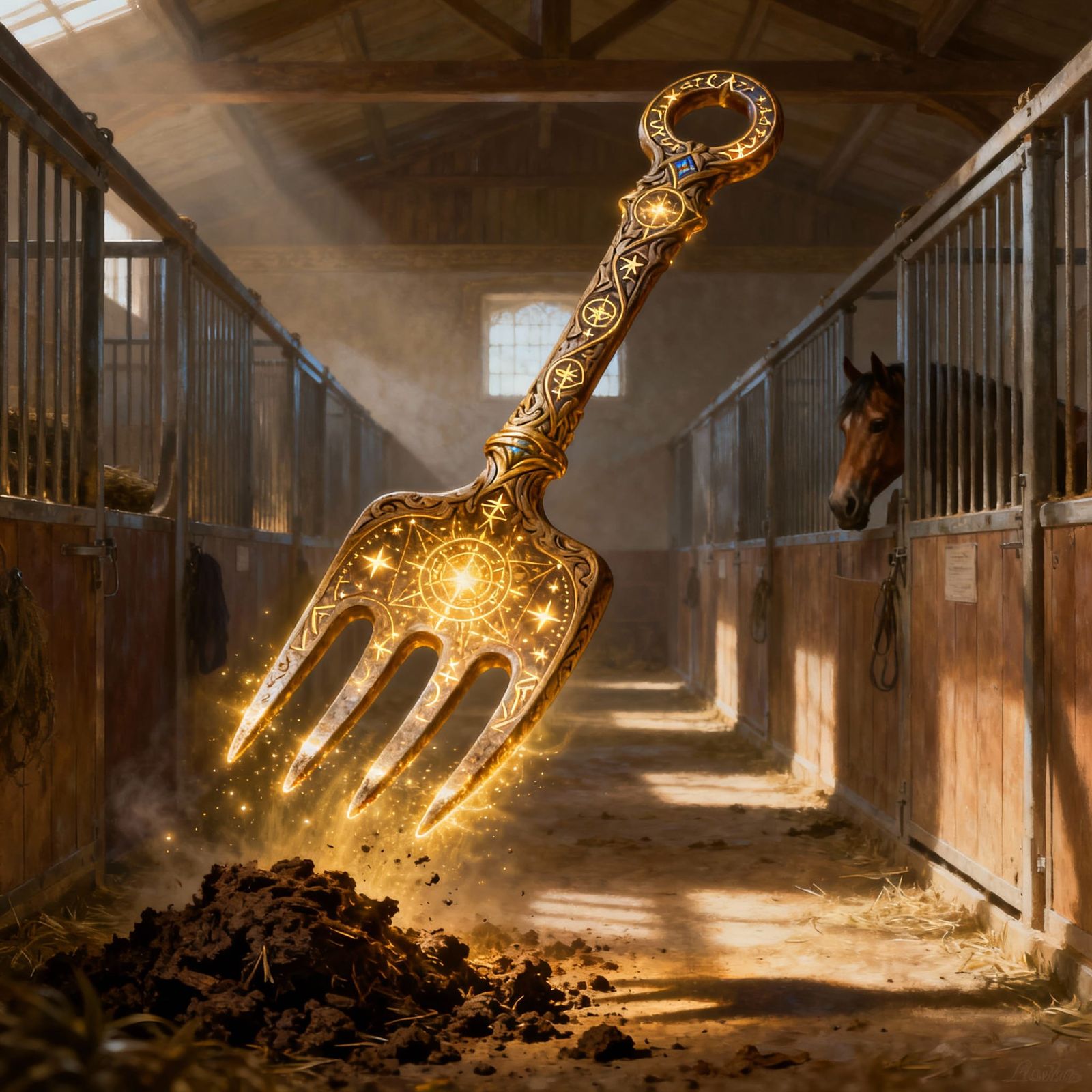 Enchanted Manure Fork Cleans Horse Stall Magically