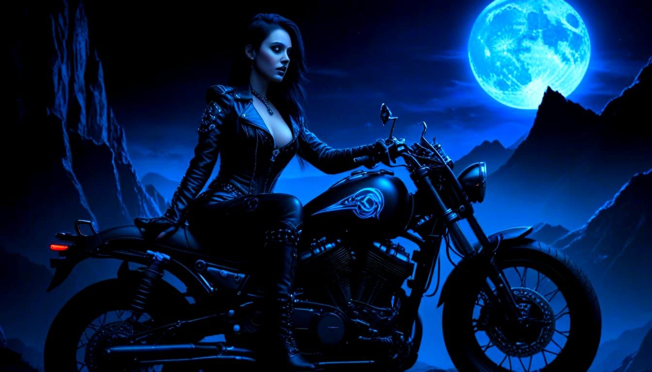 Gothic Woman on Motorcycle with Neon Moon