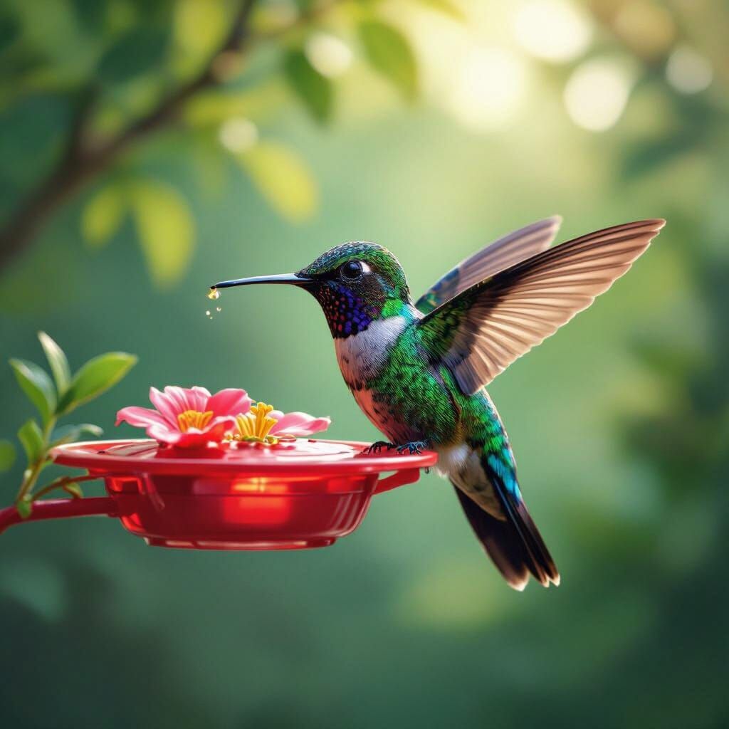 Hummingbird Sipping Nectar: Photorealistic Summer Scene