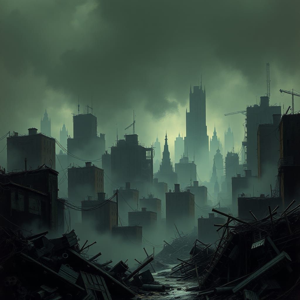 Dystopian Cityscape in Ominous Mist