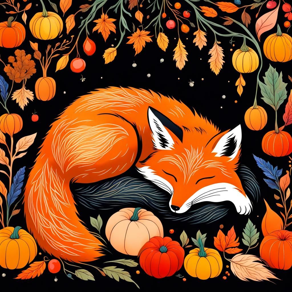 Fox Asleep by Autumn Harvest in Palekh Style