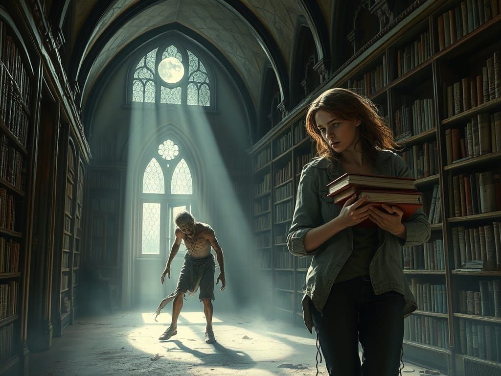 Zombie Librarian Encounter in Gothic Fantasy Art
