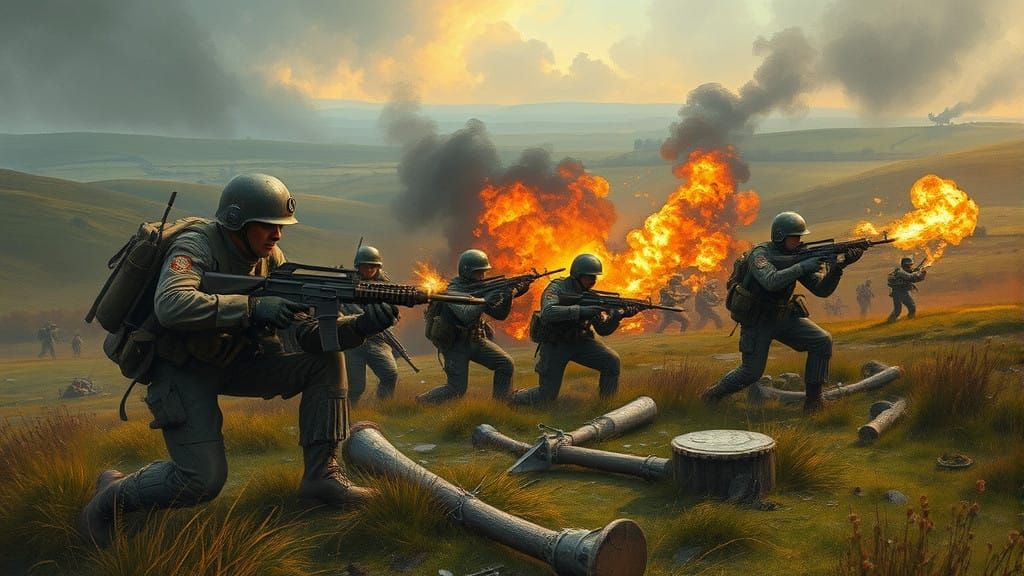 Dramatic Diesel Punk Mech Battle in English Countryside