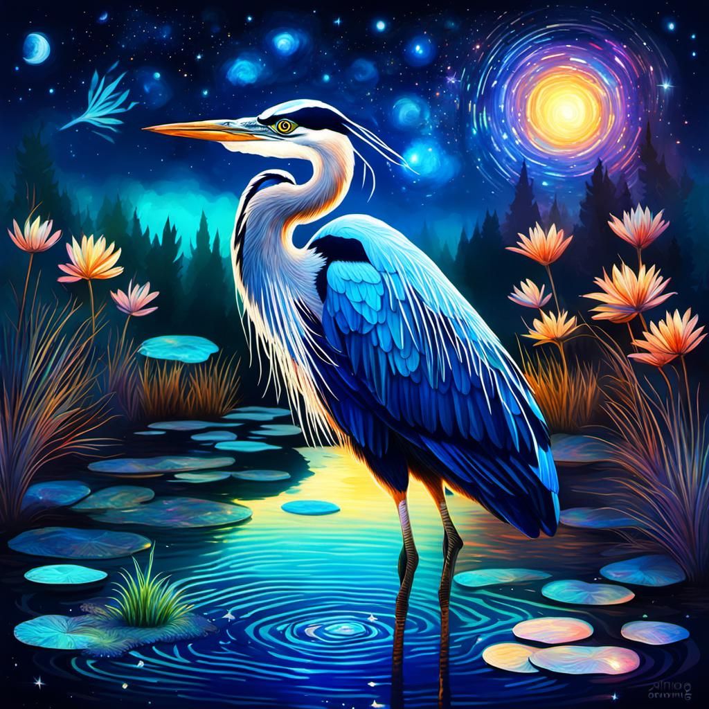 Blue Heron at Night: Astral Cosmic Illustration