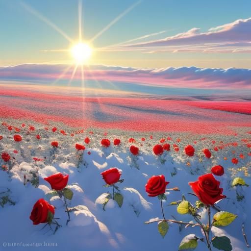 Red Roses Bloom in Winter Snow