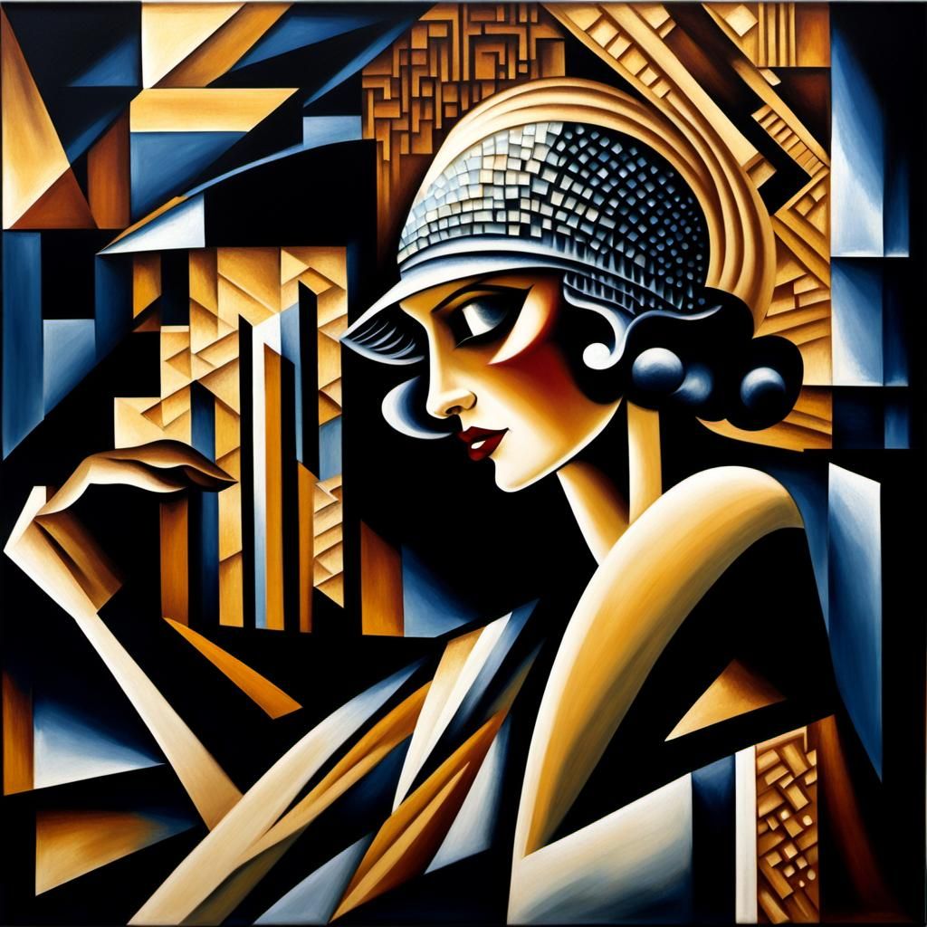 Flapper Girl in Art Deco Jazz Club as Cubist Painting