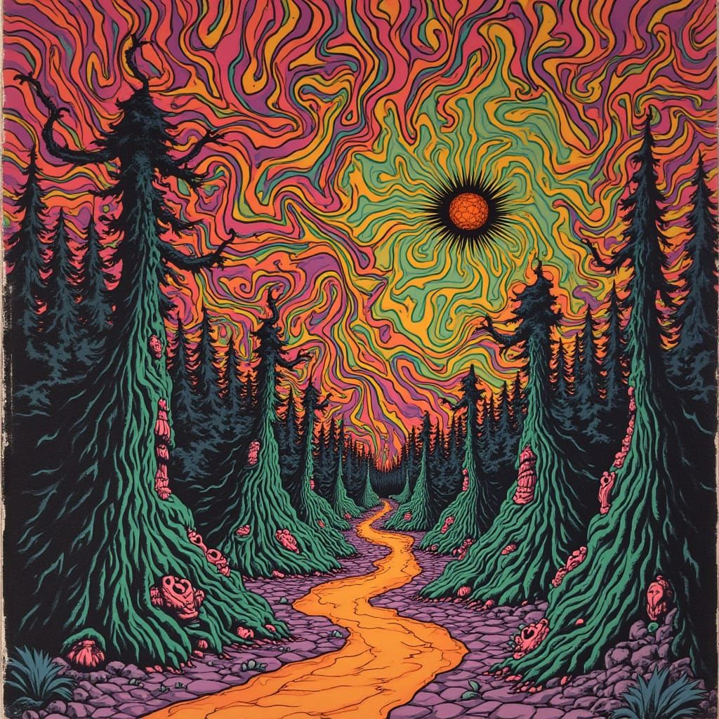 Psychedelic 70s Rock Album Art with Fantastical Creatures