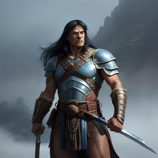 Fantasy Woman Mercenary in Misty Mountain Pass