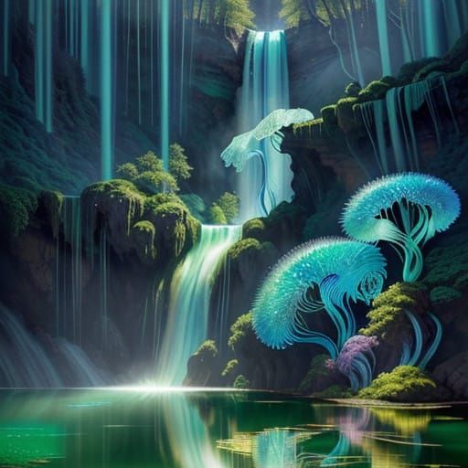 Ethereal Blown Glass Waterfall in Emerald Landscape