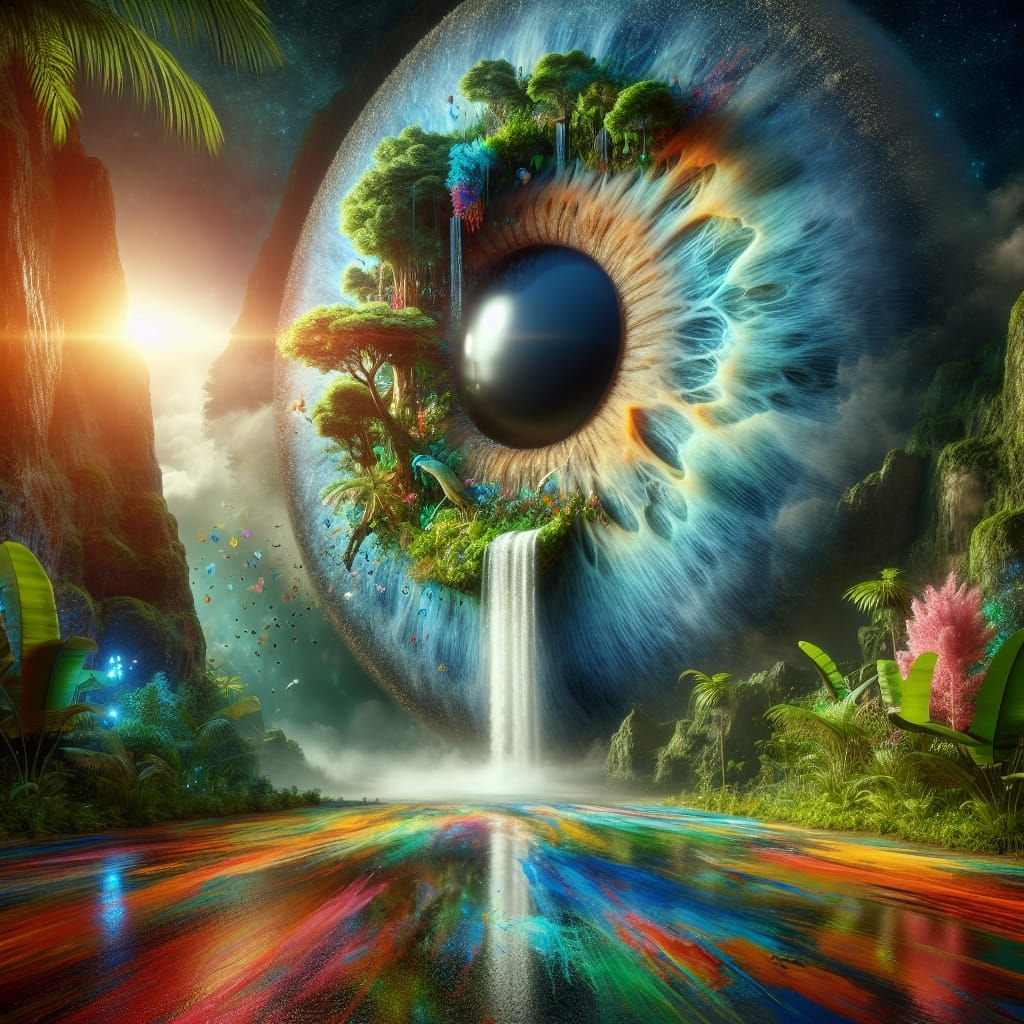 Mystical Eye Amidst a Vibrant Jungle Landscape in Hyperreali...