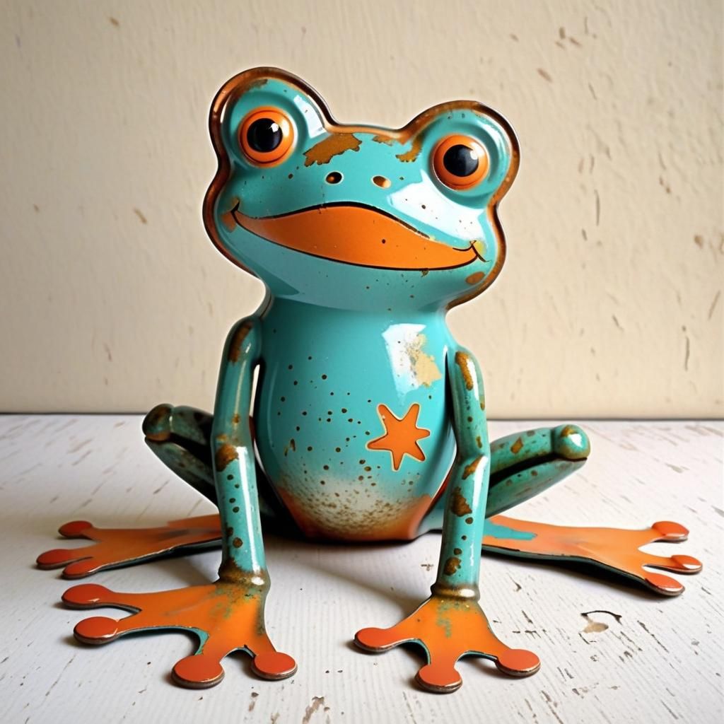 Retro Toy Frog in Teal and Tangerine