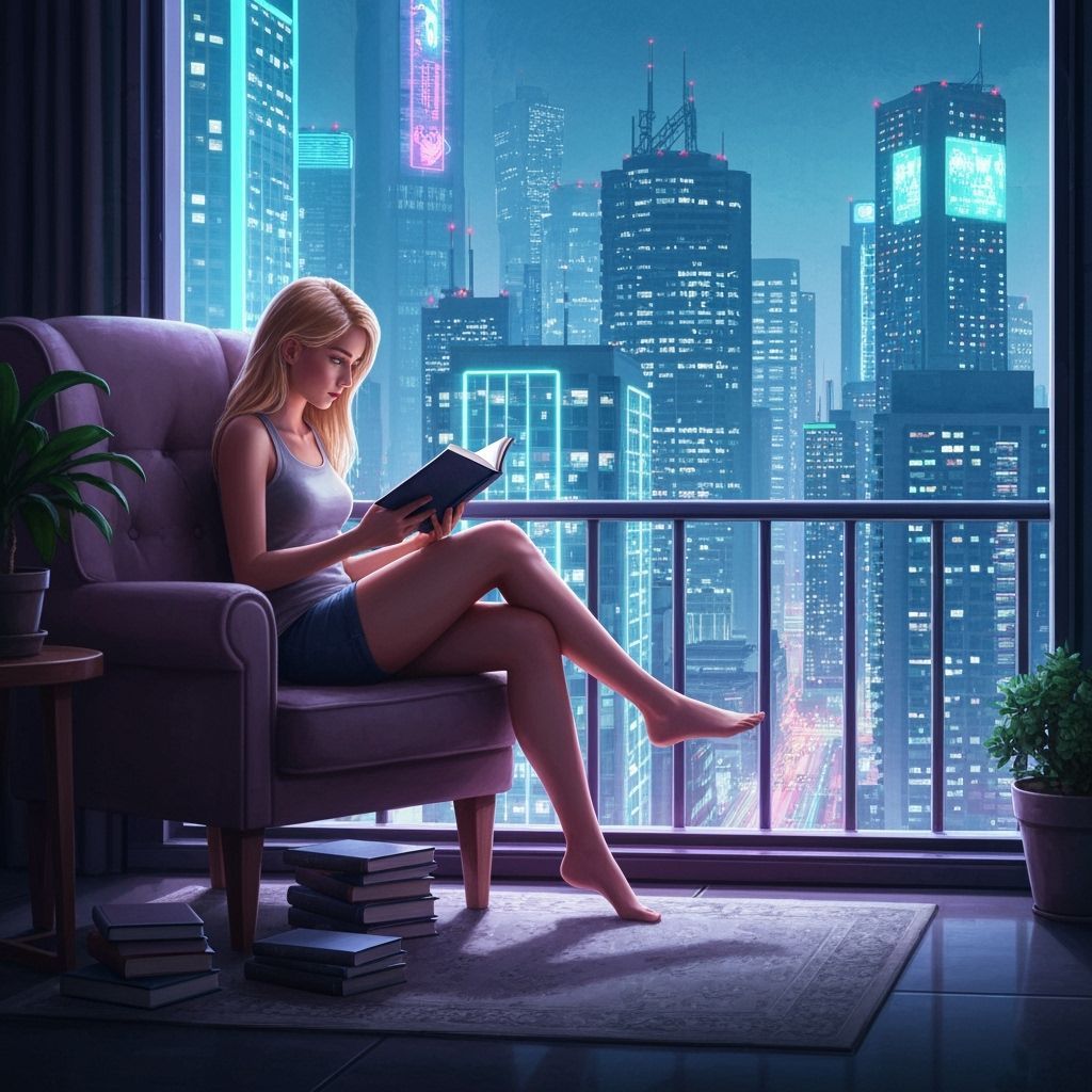 Woman Reading in Futuristic Cityscape: Digital Art