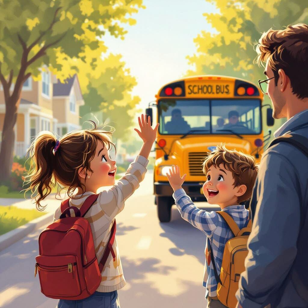 Children Excitedly Board School Bus in Morning Light